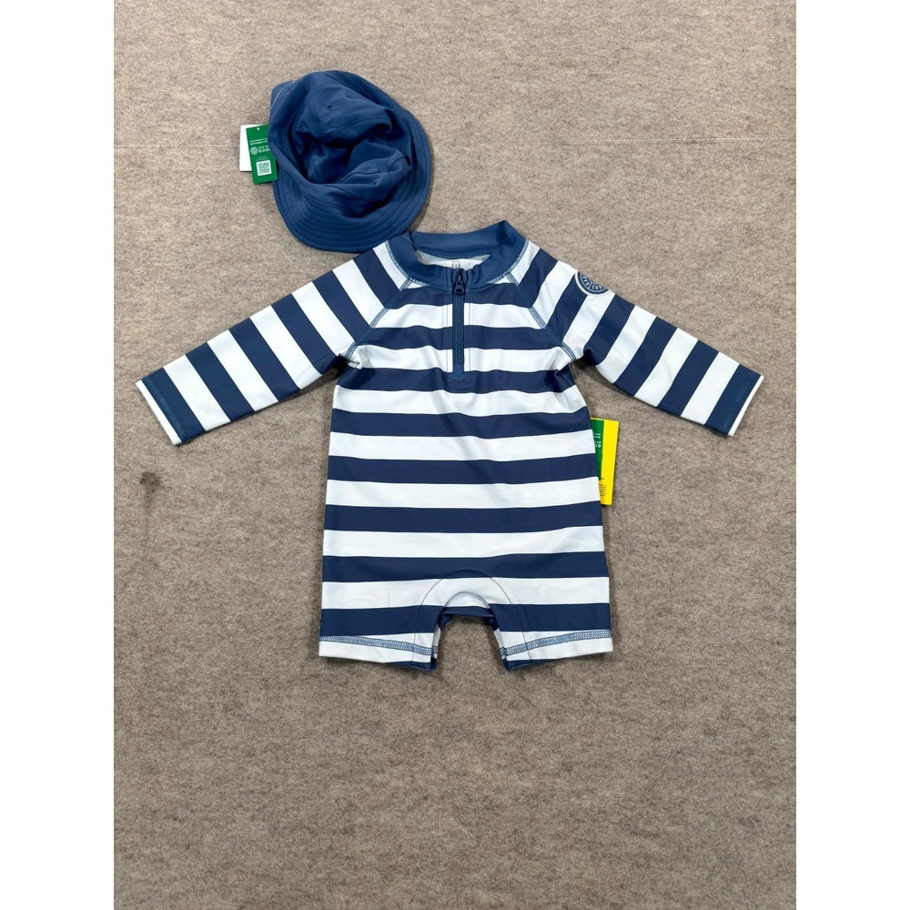 Gap Baby Reversible Swimsuit Set 6-12M Striped Rashguard & Bucket Hat UPF 50+